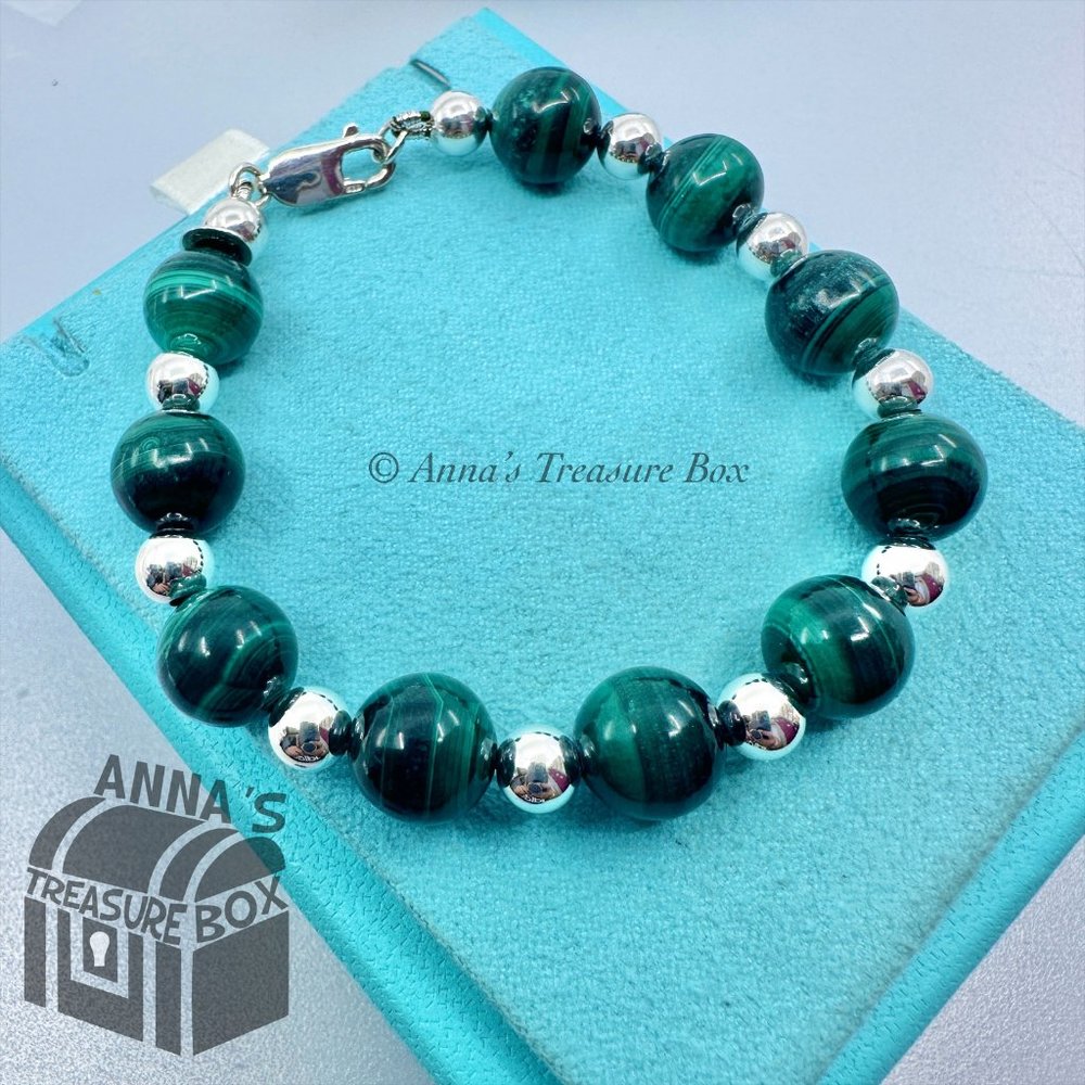 Tiffany & Co. 925 Silver 10mm Malachite Silver Bead 7.5" Bracelet (box, pch)